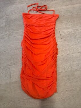 Neon Orange Ruched Mesh Bodycon Mini Y2K Dress NWT